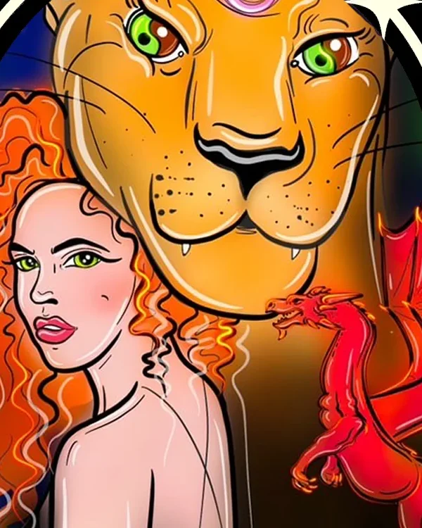 A Solomay card painted by Jo: a red-haired woman with a lioness and a red dragon